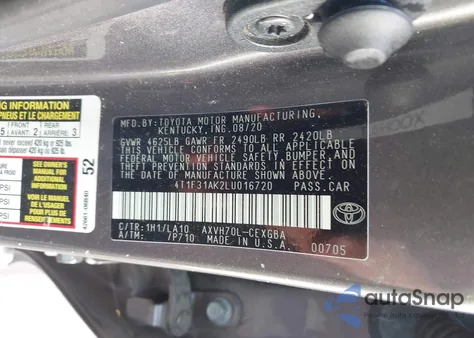 2020 Toyota Camry Xle Hybrid из США, поврежденный, VIN 4T1F31AK2LU016720